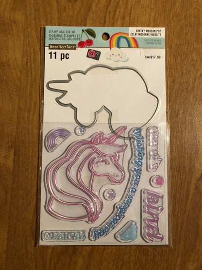 Recollections 11 Piece Cheeky Modern Pop Unicorn Clear Stamp and Die Kit