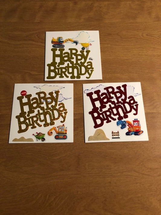 Set of Three Handmade Excavator Happy Birthday Cards 5 3/4" X 5 3/4" 14.5cm x 14.5cm