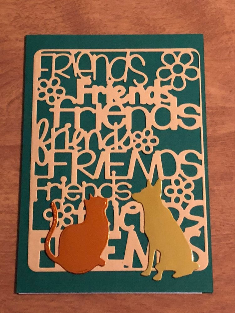 Friends Card with Dog and Cats or Hearts or Dogs Handmade Cards, 4x5.75" 10.5x15cm