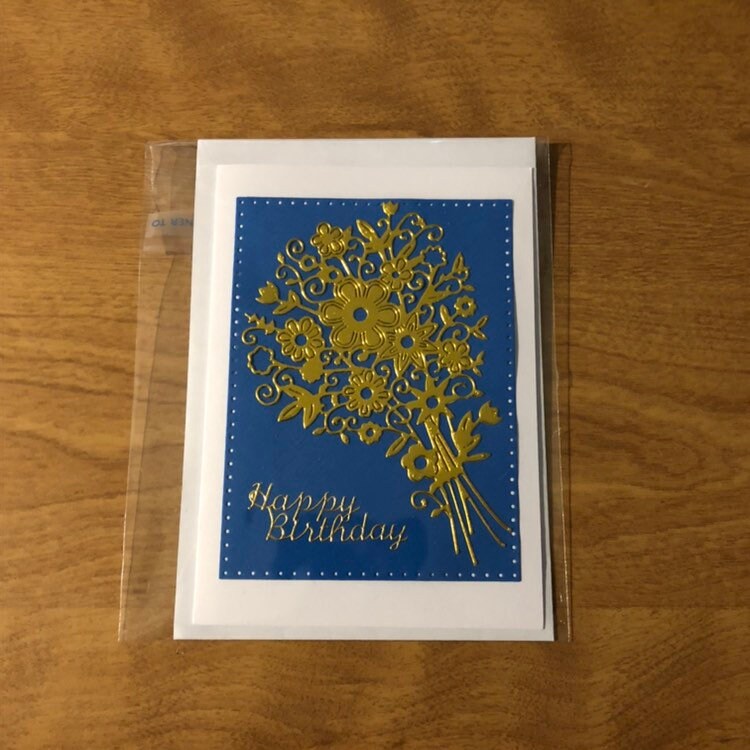 White Card With Blue Happy Birthday, Gold Bouquet, Happy Birthday Card, or Black Happy Birthday, Gold Bouquet Hand Made Happy Birthday Card.