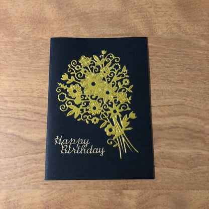 White Card With Blue Happy Birthday, Gold Bouquet, Happy Birthday Card, or Black Happy Birthday, Gold Bouquet Hand Made Happy Birthday Card.