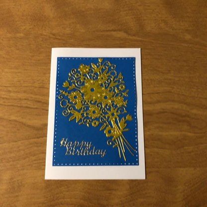 White Card With Blue Happy Birthday, Gold Bouquet, Happy Birthday Card, or Black Happy Birthday, Gold Bouquet Hand Made Happy Birthday Card.