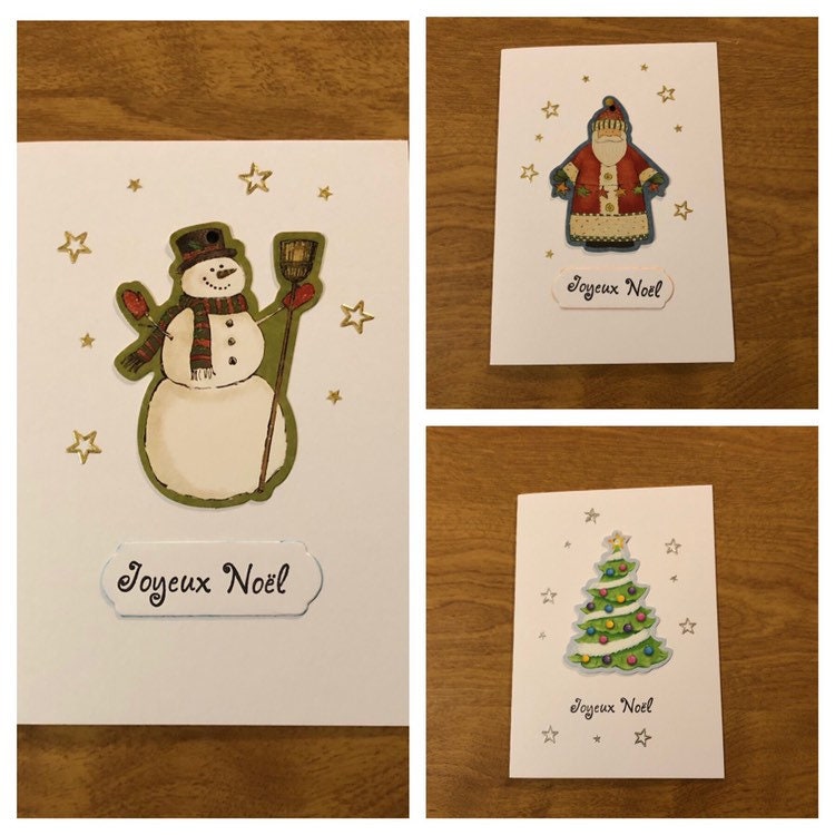 Joyeux Noël, Carte De Noël, Français Fait Main, Bonhomme De Neige, Père Noël Arbre de Noël Bonnes Fêtes Handmade French Merry Christmas Card