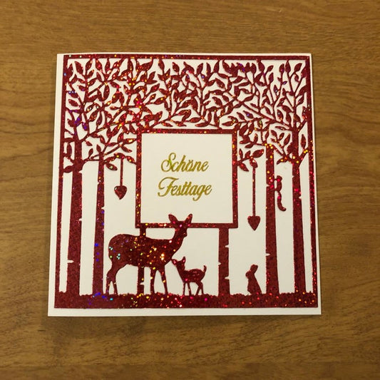 Deutsche Karten, Hirsche Schone Festtage, Weihnachtskarte, Handgemach,t Deer in The Woods German Christmas Card Handmade