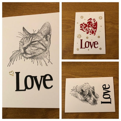 Cat, Heart or Dog Love Handmade Cards, 4"x5.75" 10.5cmx15cm.