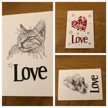 Load image into Gallery viewer, Cat, Heart or Dog Love Handmade Cards, 4&quot;x5.75&quot; 10.5cmx15cm.