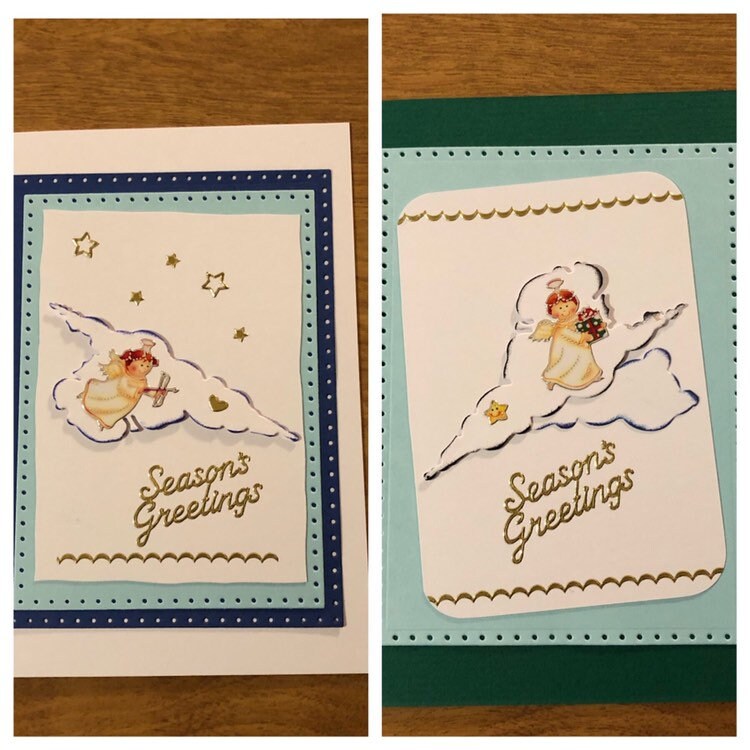 Season's Greetings, Angel Cupid on a Cloud Christmas Card, Handmade Choice of One or Both Cards