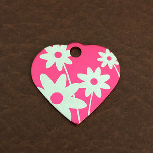 Daisy Floral Print Flowers Small Pink Heart Aluminum Tag Personalized Diamond Engraved Pet Tag, Cat Tag, Dog Tag, For Bags, Collars, DFPSPH