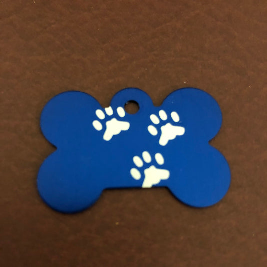 Paw Prints Pattern Design, Large Blue Bone Aluminum Tag, Personalized Diamond Engraved, Dog Tag, Puppy Tag, ID Tag, Tag for Dog Collar