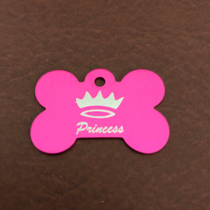 Princess Crown Large Pink Bone Personalized Aluminum Tag Diamond Engraved Dog Tag, ID Tag, Small Animal Tag, Human ID Tag, Puppy Tag, PCLPB