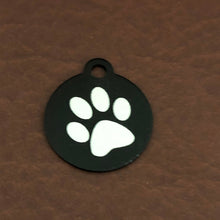 Load image into Gallery viewer, Paw Print, Small Black Circle Aluminum Tag, Personalized Diamond Engraved Dog Tag Cat Tag ID Tag Pet Tag, Puppy Tag, Kitten Tag ,For Collars