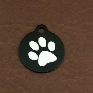 Paw Print, Small Black Circle Aluminum Tag, Personalized Diamond Engraved Dog Tag Cat Tag ID Tag Pet Tag, Puppy Tag, Kitten Tag ,For Collars