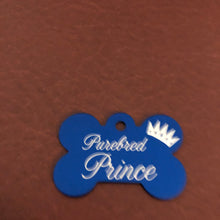 Load image into Gallery viewer, Purebred Prince, Large Blue Bone, Personalized Aluminum Tag, Diamond Engraved, Dog Tag , Puppy Tag, For Dog Collar, For Puppy Collar PBPLBB