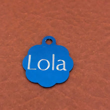 Load image into Gallery viewer, Small Blue Rosette, Aluminum Tag, Personalized Diamond Engraved, Cat ID Tags, ID Tags, Cat Tags, Puppy Tags, For Dog Collar, For Cat Collars