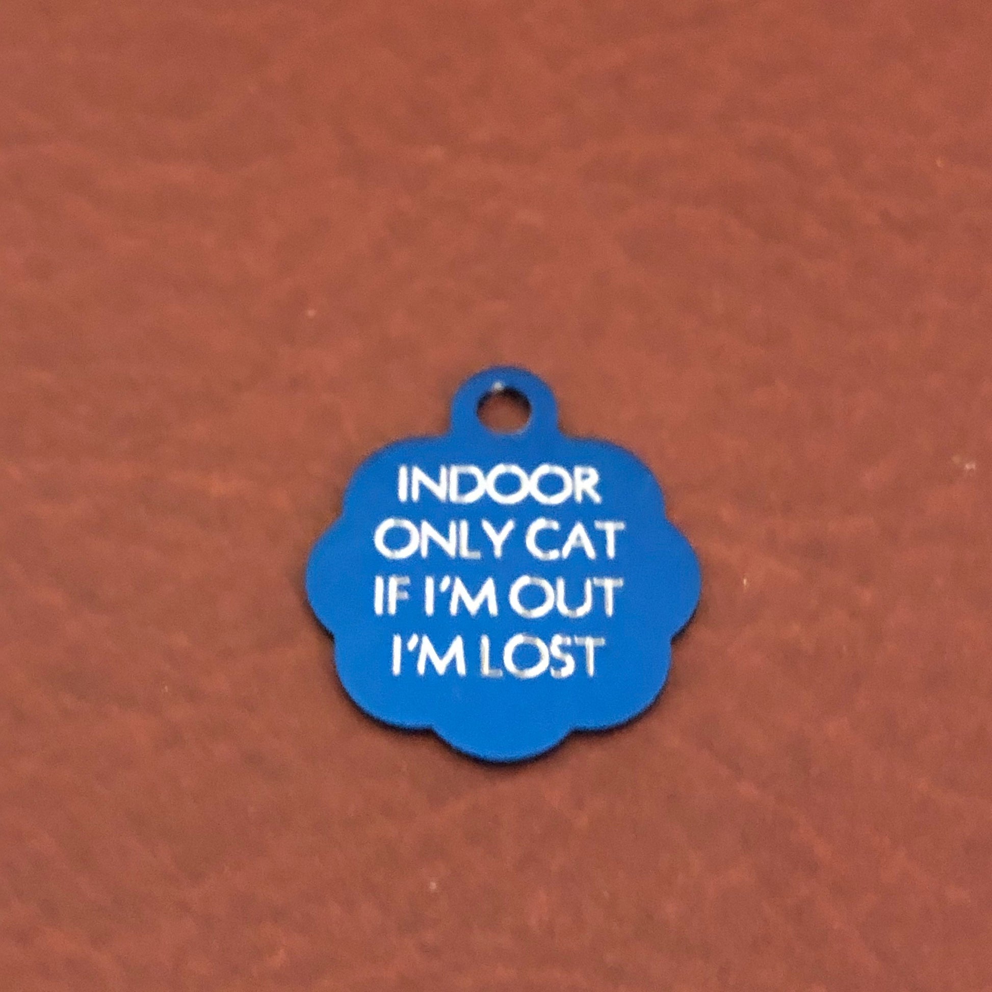 Small blue rosette tag that says: Indoor only cat If I&#39;m out I&#39;m lost. All engraved in capital letters.