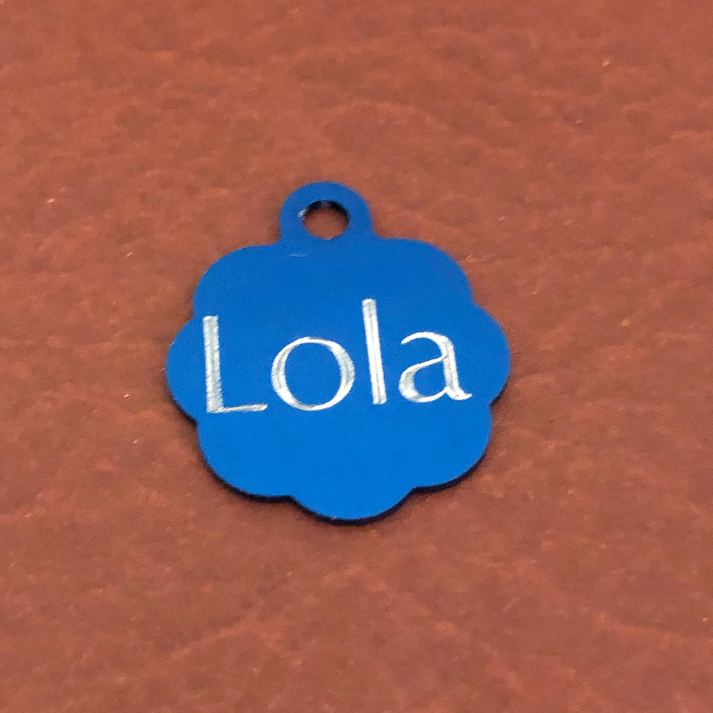 Indoor Only Cat if I’m out I’m lost, Small Blue Rosette Aluminum Tag, Personalized Diamond Engraved, Cat Tag, ID Tag, For Cat Collar, Cat ID