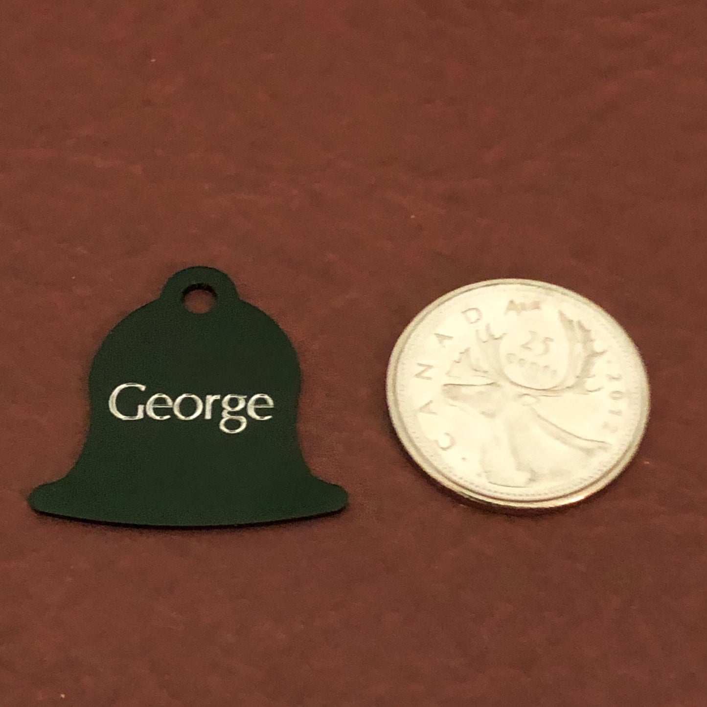 Small Dark Green Bell Aluminum Tag, Personalized Diamond Engraved, Pet Cat Dog Personal ID Tag, For Bags Backpacks, Collars, and Key Chains