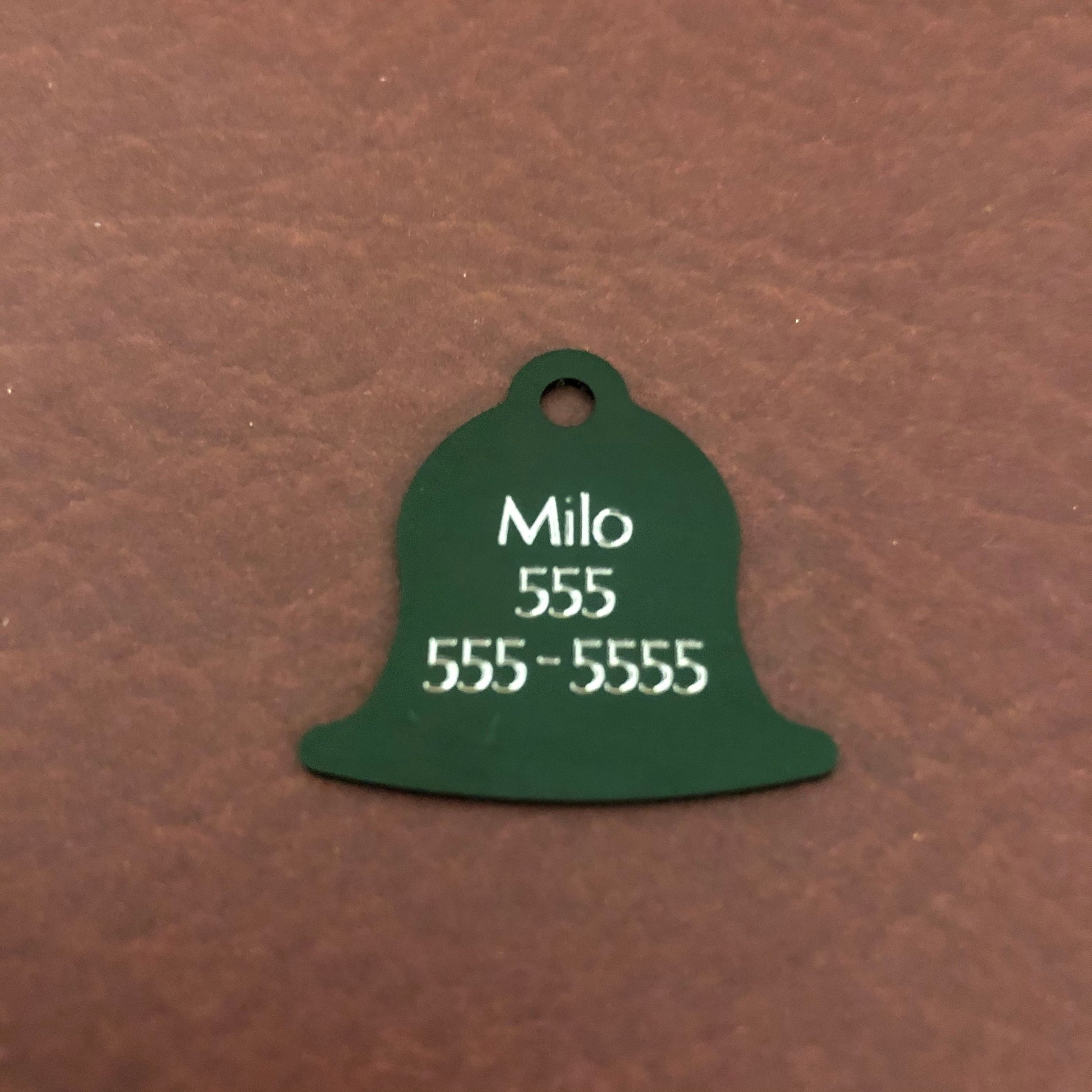 If I’m outside I’m lost, Small Dark Green Bell Aluminum Tag, Personalized Diamond Engraved, Pet tag, Cat tag, Personal ID Tag and Collars