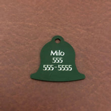 Load image into Gallery viewer, Indoor Only Cat if I’m out I’m lost Small, Dark Green Bell Aluminum Tag, Personalized Diamond Engraved, Pet Tag, Cat ID Tag for Cat Collars