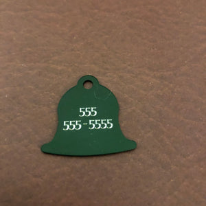 Small Dark Green Bell Aluminum Tag, Personalized Diamond Engraved, Pet Cat Dog Personal ID Tag, For Bags Backpacks, Collars, and Key Chains