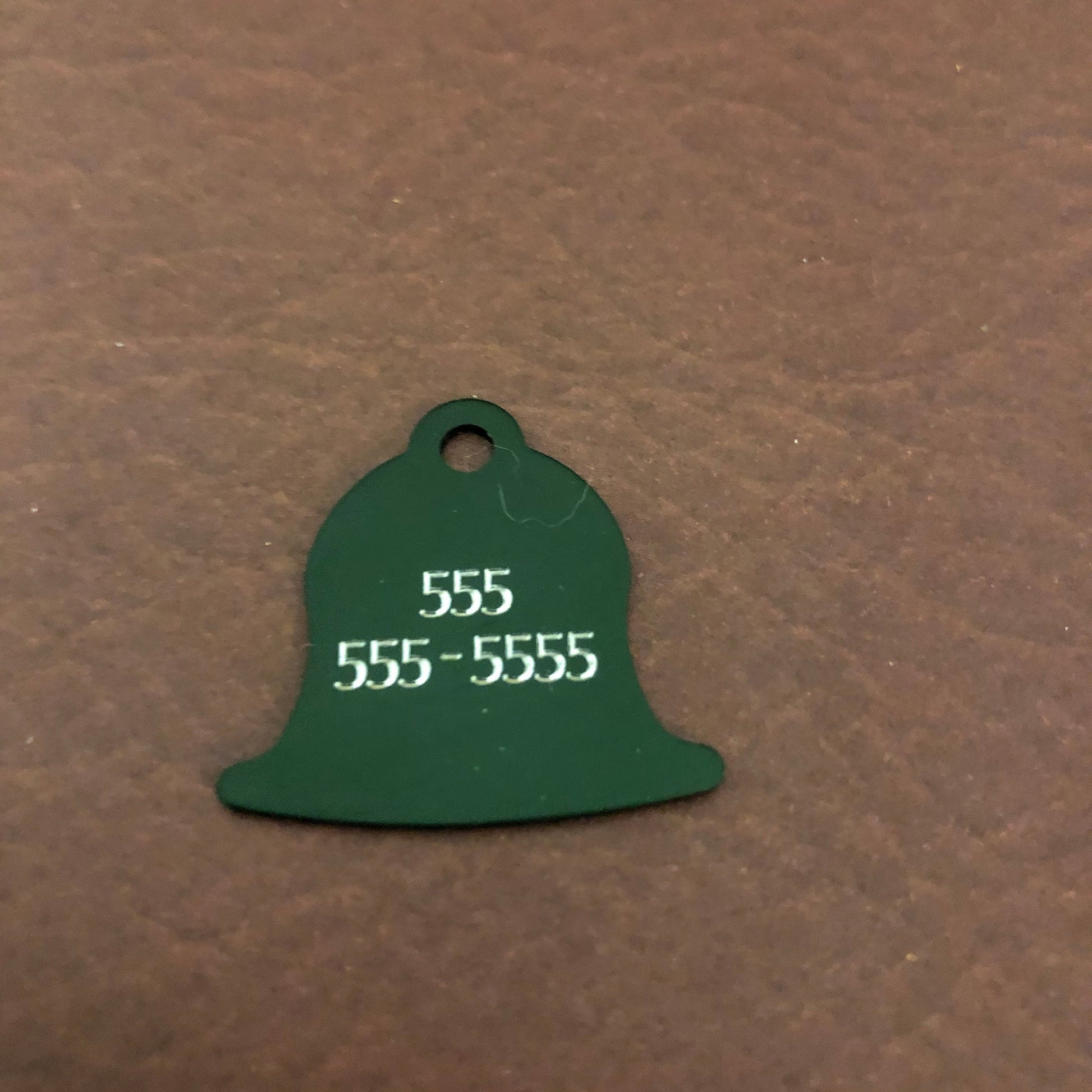 Small Dark Green Bell Aluminum Tag, Personalized Diamond Engraved, Pet Cat Dog Personal ID Tag, For Bags Backpacks, Collars, and Key Chains