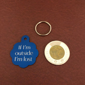 If I'm outside I'm lost Large Blue Rosette Personalized Aluminum Tag Diamond Engraved Dog Cat Tag ID Tag Kitty Tag Puppy Tag For Dog Collar