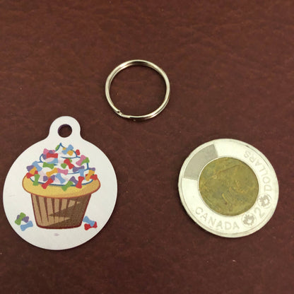 Cupcake with Bones Large Circle Tag Personalized Aluminum Tag Diamond Engraved Dog Tag Cat Tag Puppy Tag Kitty Tag