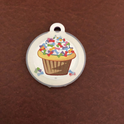 Cupcake with Bones Large Circle Tag Personalized Aluminum Tag Diamond Engraved Dog Tag Cat Tag Puppy Tag Kitty Tag