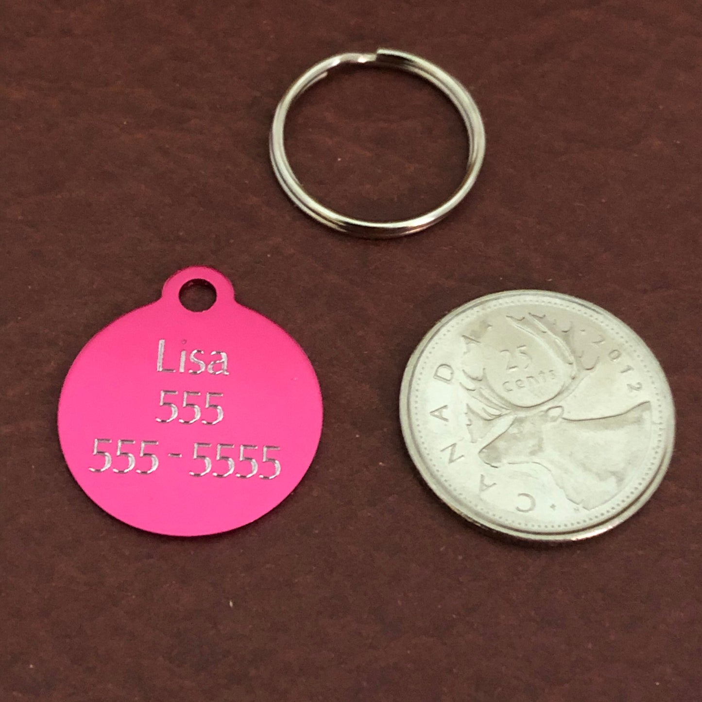 Lily Floral Print Small Circle Pink Aluminum Tag, Personalized Diamond Engraved, Dog Tag, ID Tag, Cat Tag, Kitten Tag, For Cat Collar