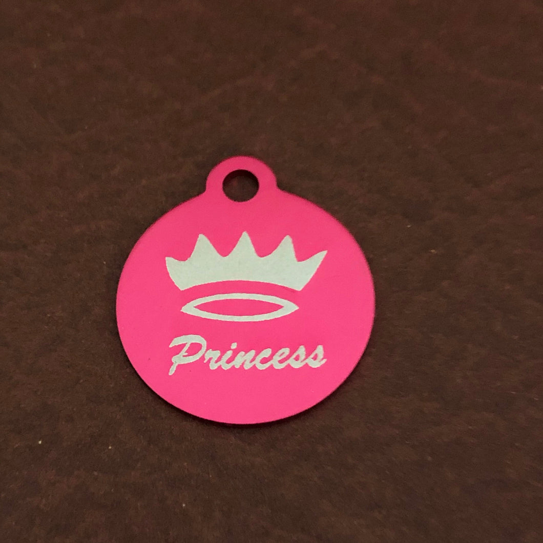 Princess Crown Small Circle Pink Aluminum Tag Personalized Diamond Engraved Dog Tag ID Tag Cat Tag Kitten Tag Puppy Tag