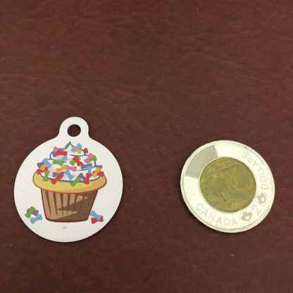 Cupcake with Bones Large Circle Tag Personalized Aluminum Tag Diamond Engraved Dog Tag Cat Tag Puppy Tag Kitty Tag