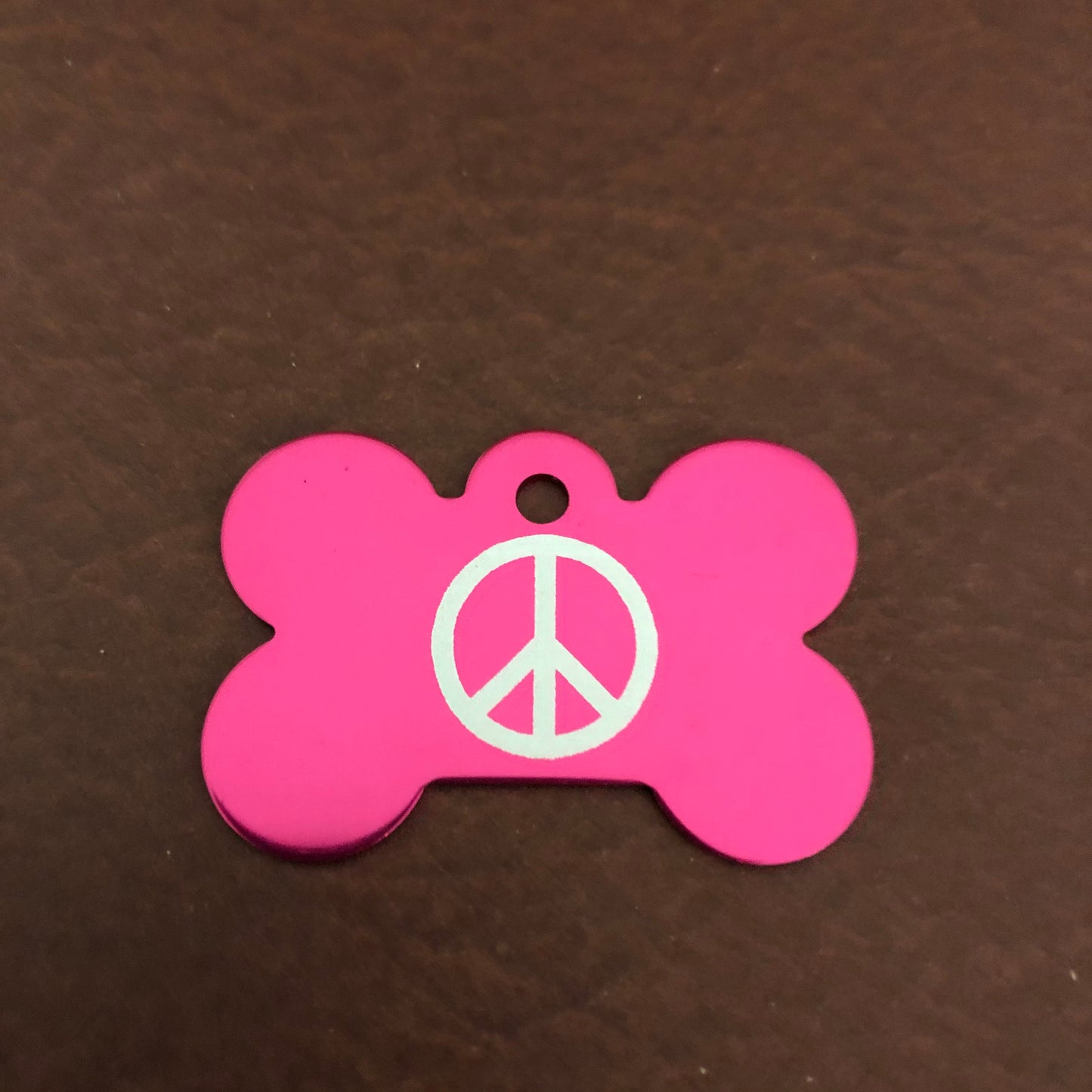 Peace Sign, Large Pink Bone, Personalized Aluminum Tag, Diamond Engraved, Dog Tag, Cat Tag, Small Animal Tag, Human ID Tag, Kitty Tag, Puppy