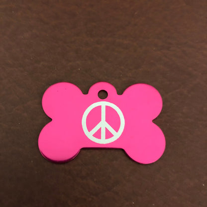 Peace Sign, Large Pink Bone, Personalized Aluminum Tag, Diamond Engraved, Dog Tag, Cat Tag, Small Animal Tag, Human ID Tag, Kitty Tag, Puppy