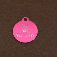 Load image into Gallery viewer, Lily Floral Print Small Circle Pink Aluminum Tag, Personalized Diamond Engraved, Dog Tag, ID Tag, Cat Tag, Kitten Tag, For Cat Collar
