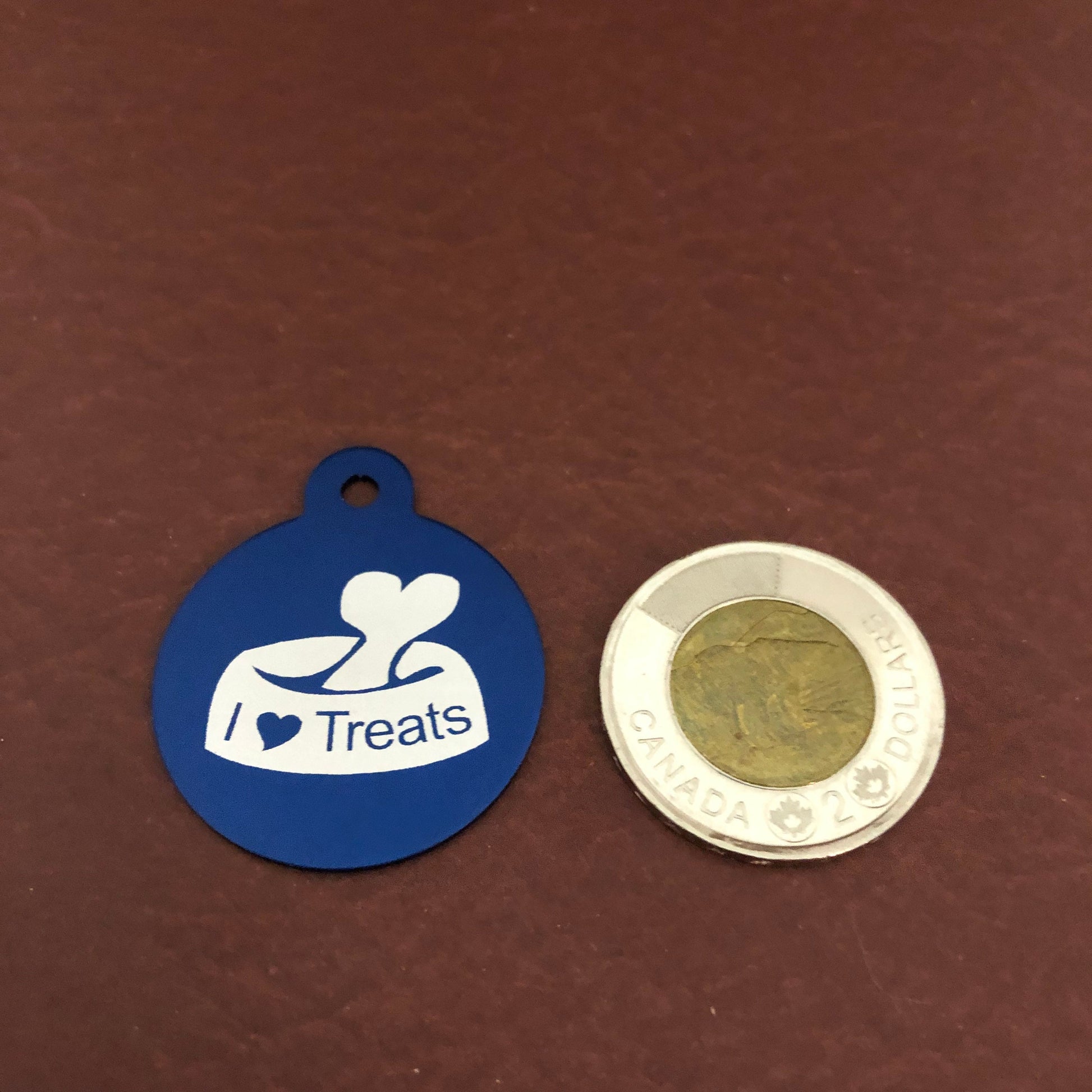 I Love Treats, Large Blue Circle Tag, Personalized Aluminum Tag, Diamond Engraved, Dog Tag, Cat Tag, Animal Tag, Kitty Tag, Puppy Tag,