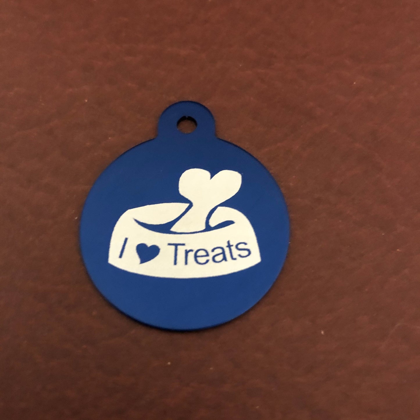 I Love Treats, Large Blue Circle Tag, Personalized Aluminum Tag, Diamond Engraved, Dog Tag, Cat Tag, Animal Tag, Kitty Tag, Puppy Tag,