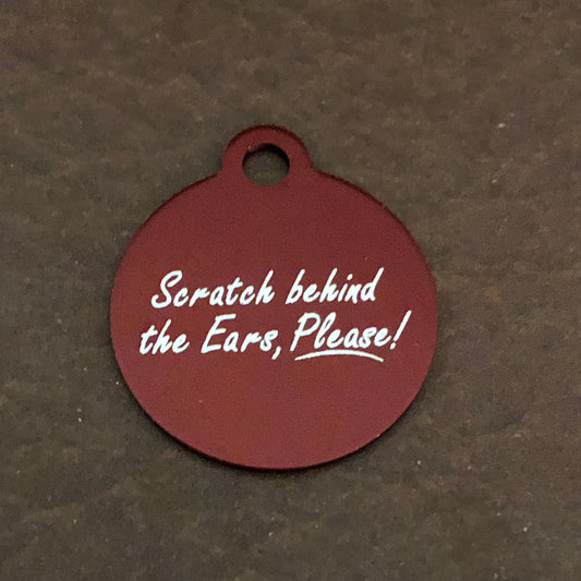 Scratch Behind The Ears, Please Small Red Circle Aluminum Tag, Personalized Diamond Engraved, Cat Dog ID Tag, For Dog Collar, For Cat Collar