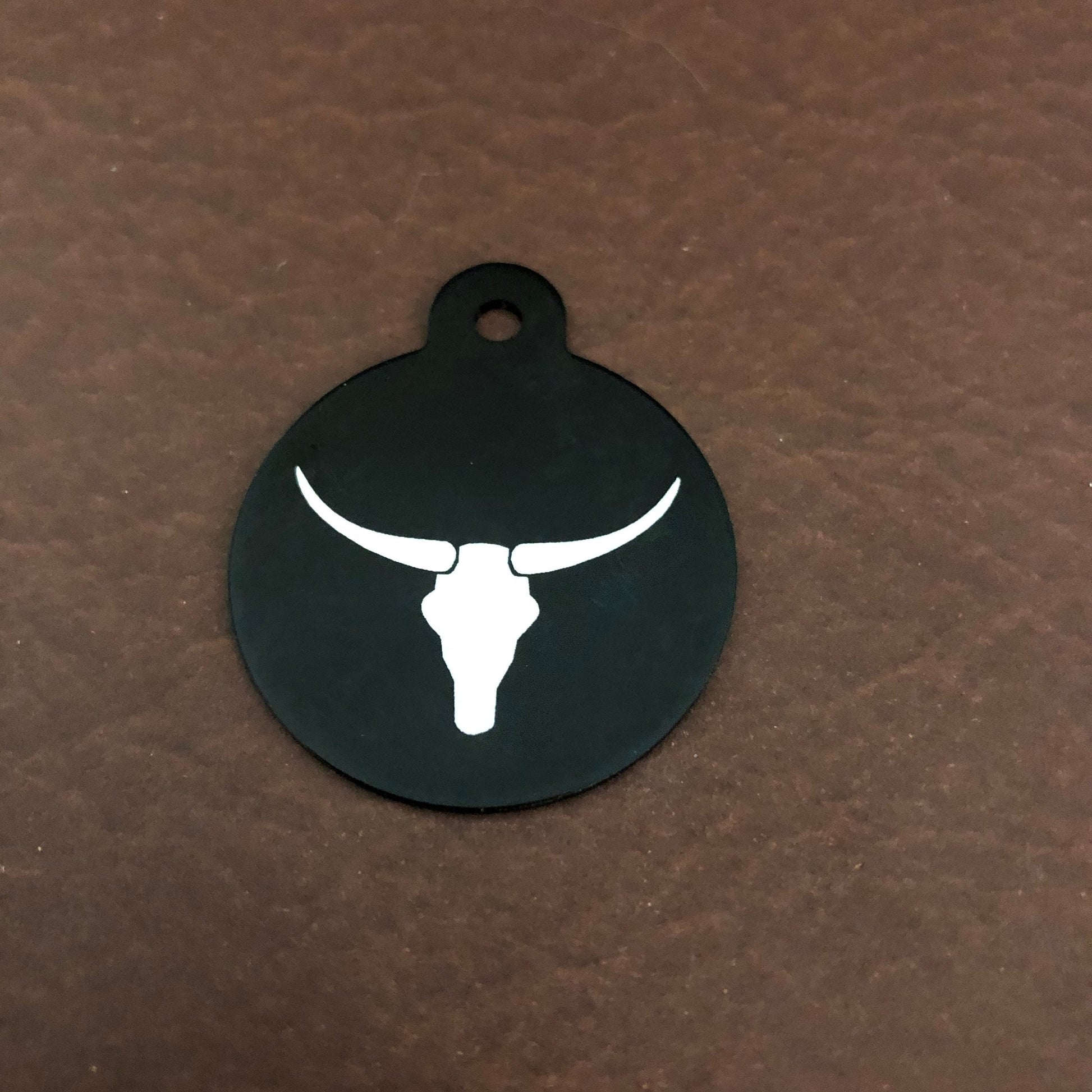 Longhorn, Yak, Large Circle Tag, Black, Personalized Aluminum Tag, Diamond Engraved, Key Chain Keychain, For Lost Keys PLHYLBC2