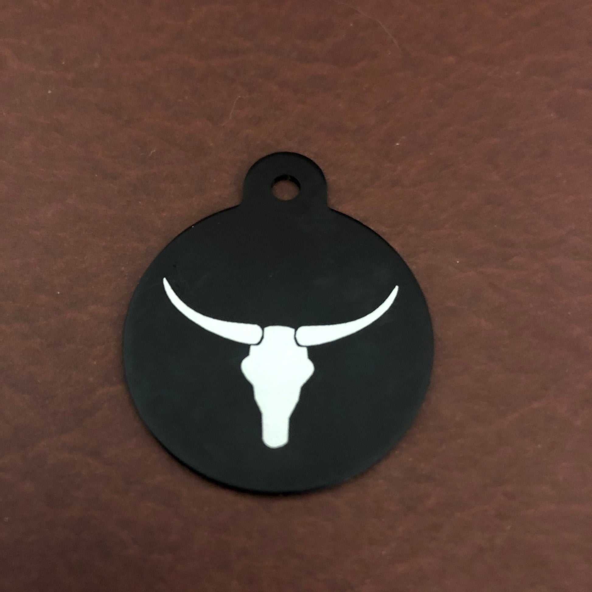 Longhorn, Yak, Large Circle Black Tag, Personalized Aluminum Tag, Diamond Engraved, Dog Tag Cat Tag Small Animal Tag Human ID Tag Kitty