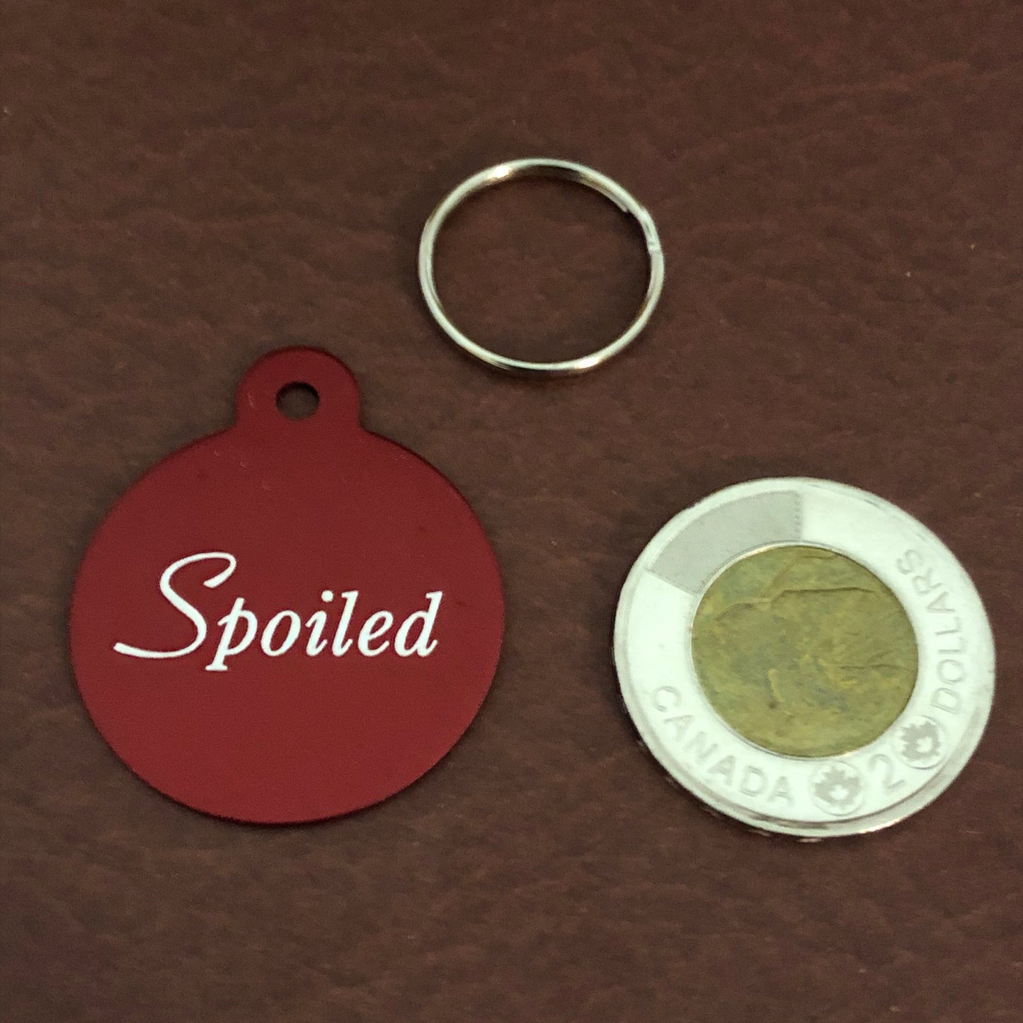 Spoiled, Large Red Circle Personalized Aluminum Tag, Diamond Engraved, Personal ID Tag, Keychain, Dog Tag, Cat Tag, For Dog Collar