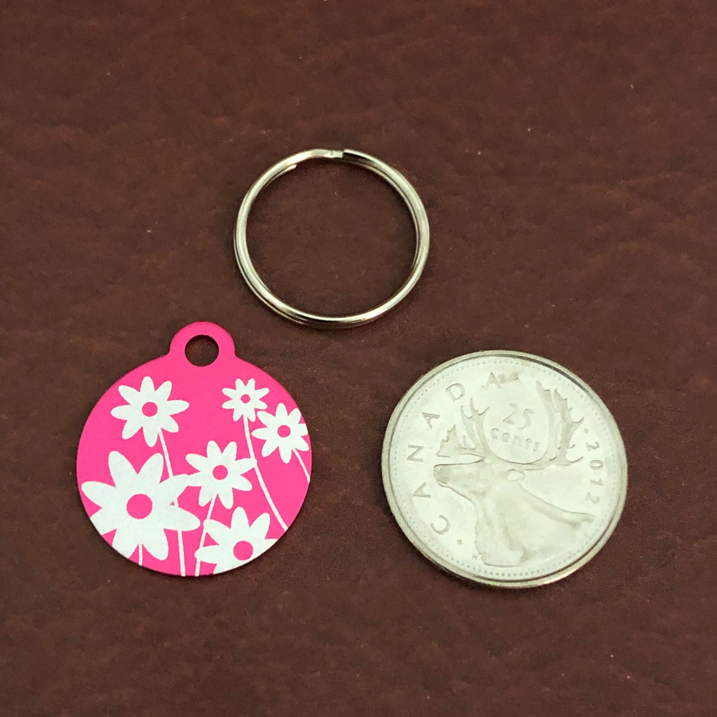 Daisy Floral Print Small Circle Pink Aluminum Tag Personalized Diamond Engraved Dog Tag ID Tag Cat Tag Kitten Tag Puppy Tag, DFPSPICT