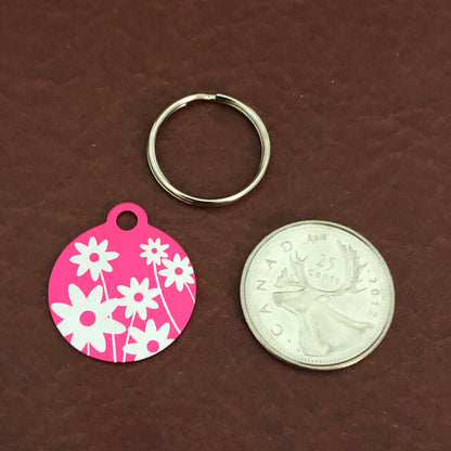 Daisy Floral Print Small Circle Pink Aluminum Tag Personalized Diamond Engraved Dog Tag ID Tag Cat Tag Kitten Tag Puppy Tag, DFPSPICT