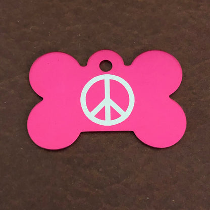 Peace Sign, Large Pink Bone, Personalized Aluminum Tag, Diamond Engraved, Dog Tag, Cat Tag, Small Animal Tag, Human ID Tag, Kitty Tag, Puppy