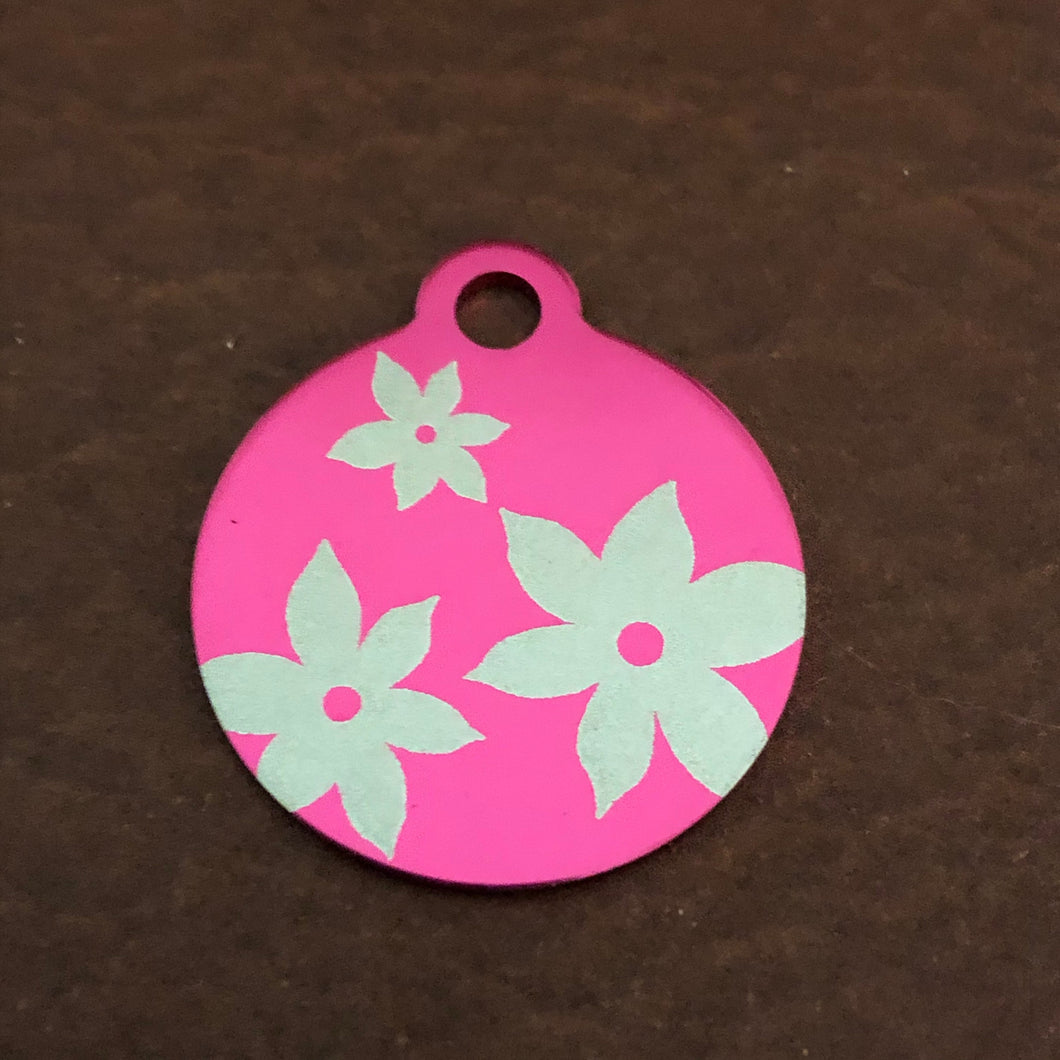 Lily Floral Print Small Circle Pink Aluminum Tag, Personalized Diamond Engraved, Dog Tag, ID Tag, Cat Tag, Kitten Tag, For Cat Collar