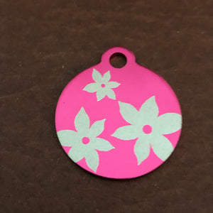 Lily Floral Print Small Circle Pink Aluminum Tag, Personalized Diamond Engraved, Dog Tag, ID Tag, Cat Tag, Kitten Tag, For Cat Collar