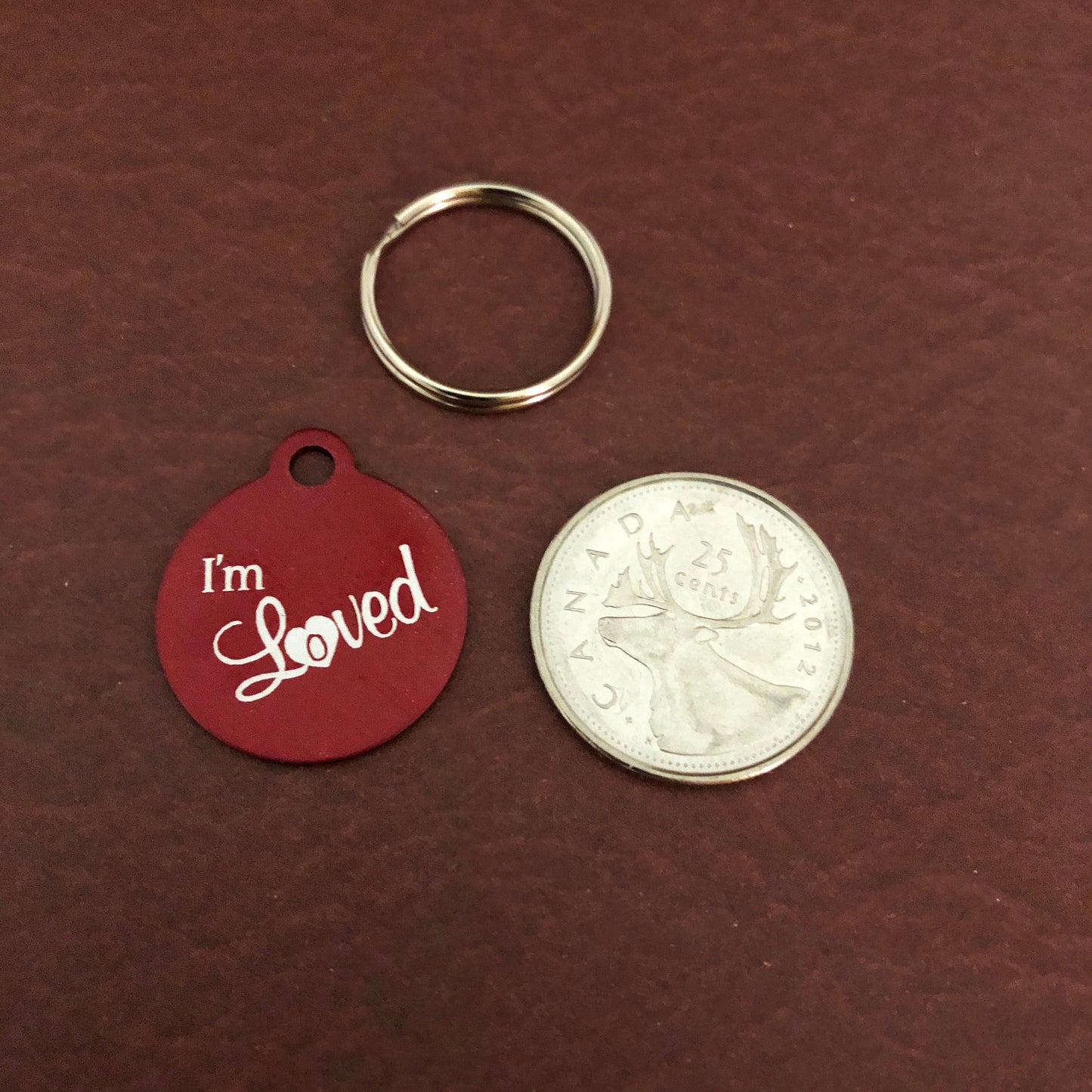 I'm Loved Small Red Circle Aluminum Tag, Personalized Diamond Engraved, Cat Dog Pet ID Tags For Cat collar, Dog Collar, Lost cat Lost dog id