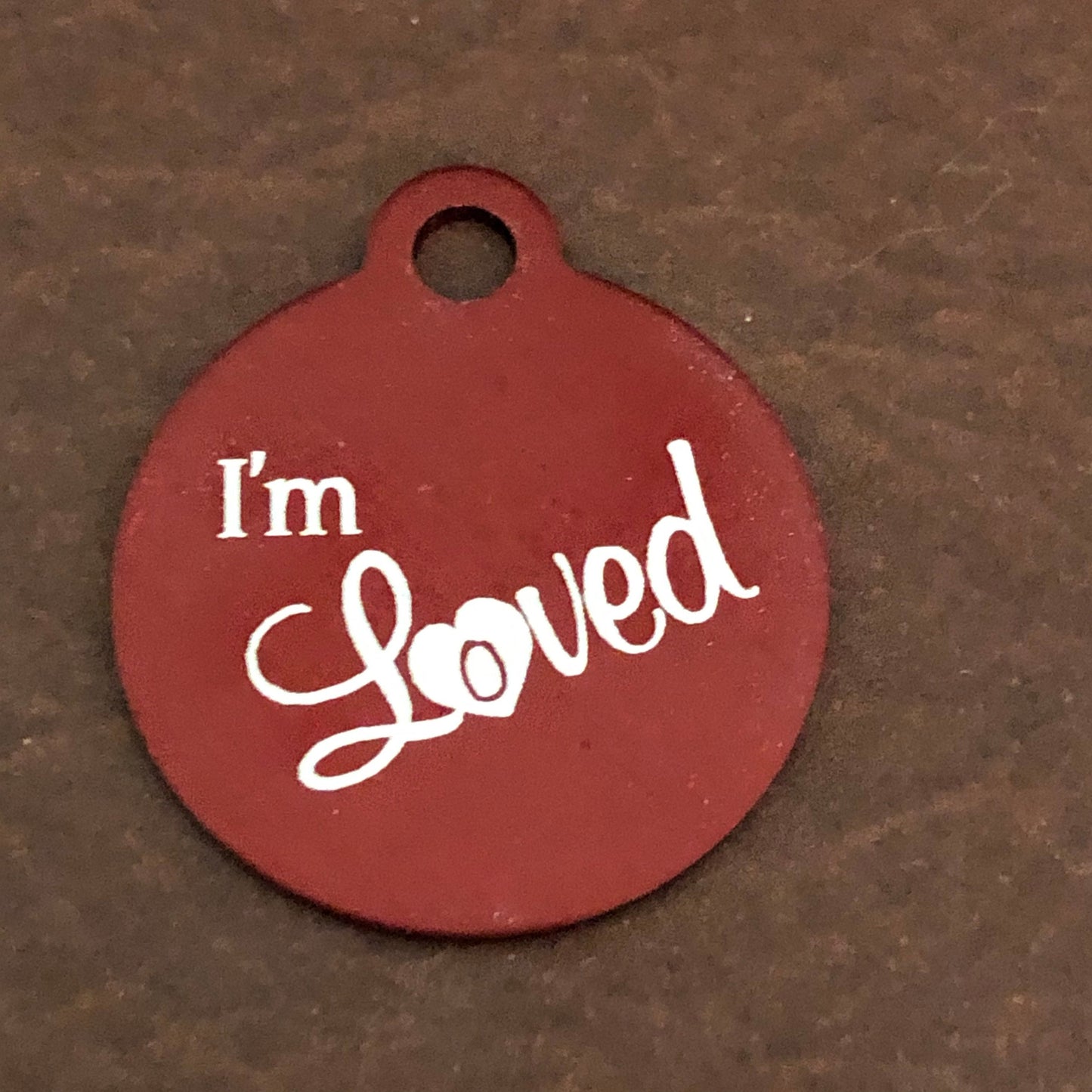 I'm Loved Small Red Circle Aluminum Tag, Personalized Diamond Engraved, Cat Dog Pet ID Tags For Cat collar, Dog Collar, Lost cat Lost dog id