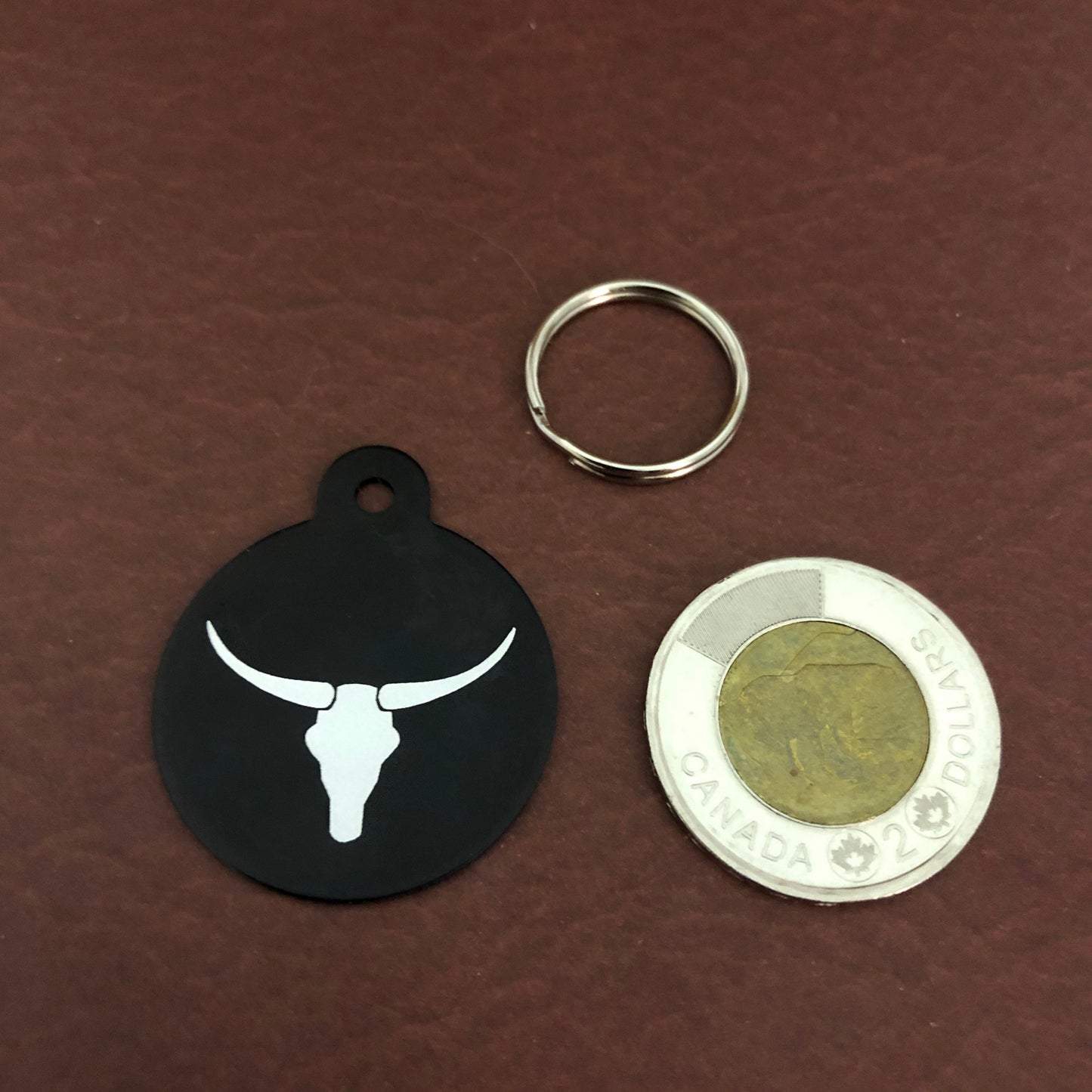 Longhorn, Yak, Large Circle Black Tag, Personalized Aluminum Tag, Diamond Engraved, Dog Tag Cat Tag Small Animal Tag Human ID Tag Kitty