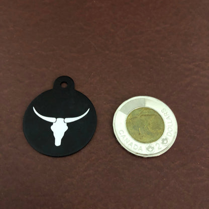 Longhorn, Yak, Large Circle Tag, Black, Personalized Aluminum Tag, Diamond Engraved, Key Chain Keychain, For Lost Keys PLHYLBC2