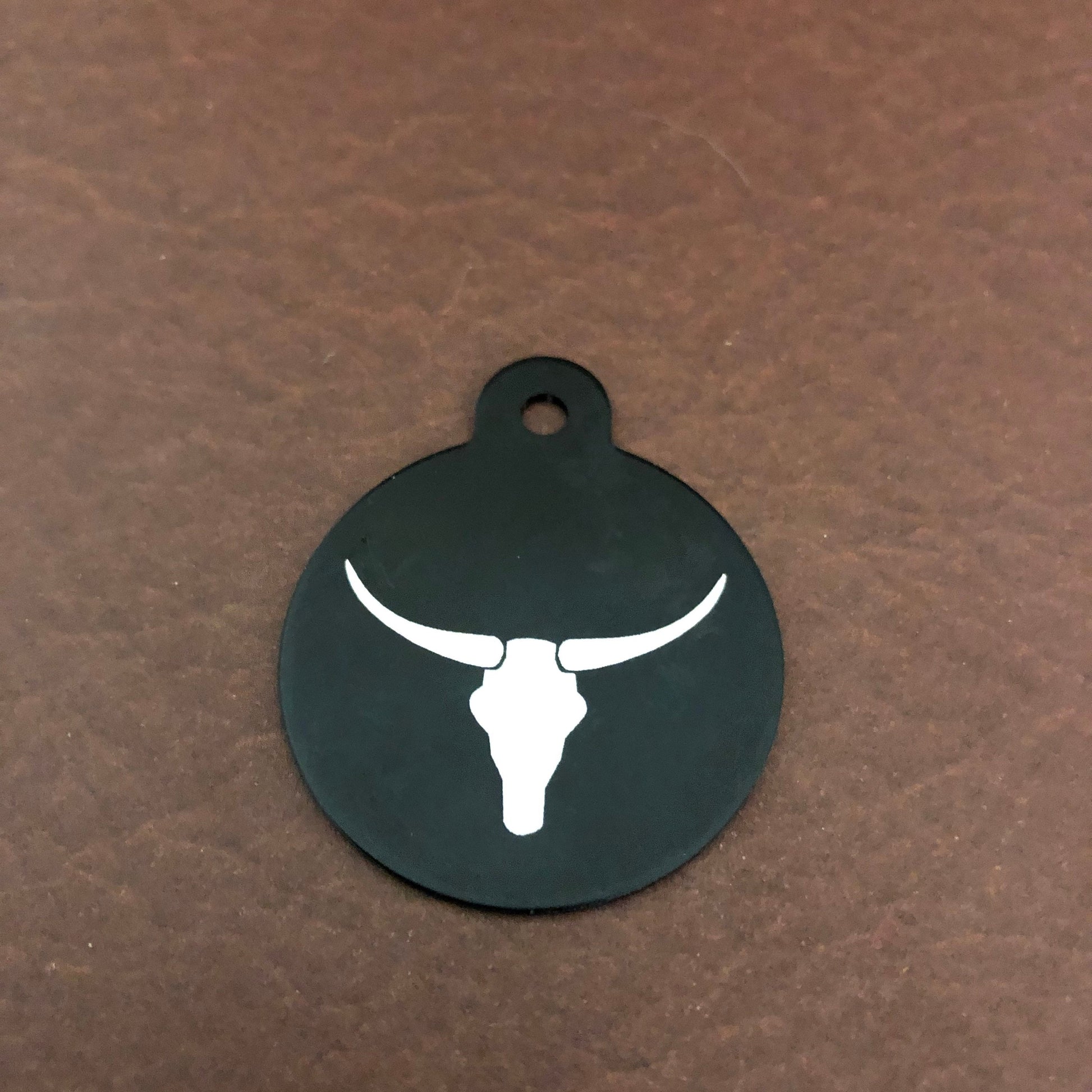 Longhorn, Yak, Large Circle Black Tag, Personalized Aluminum Tag, Diamond Engraved, Dog Tag Cat Tag Small Animal Tag Human ID Tag Kitty